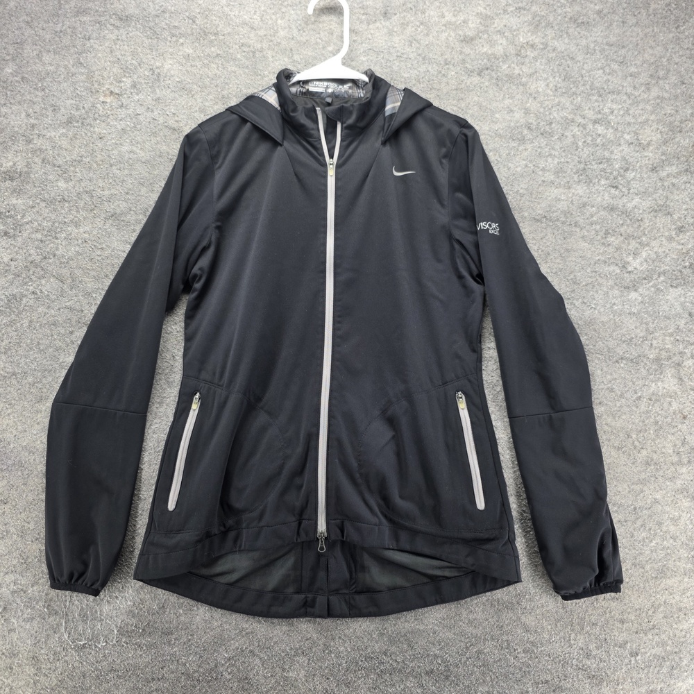 Nike Golf Jacket Womens S Black Hooded Windbreaker Full Zip Pockets Lined Logo